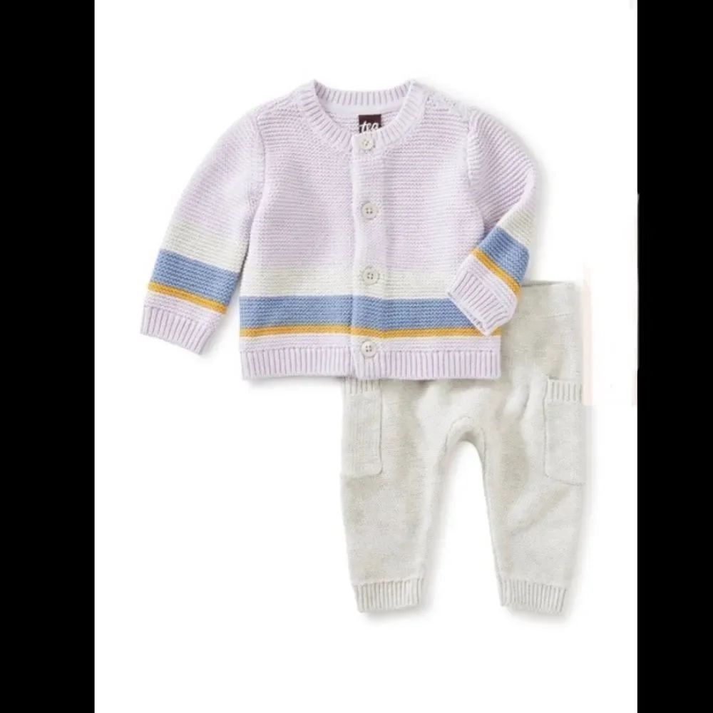 NWT New TEA COLLECTION Sweater Set Cardigan and Pants Lavender Gray 3 - 6 months